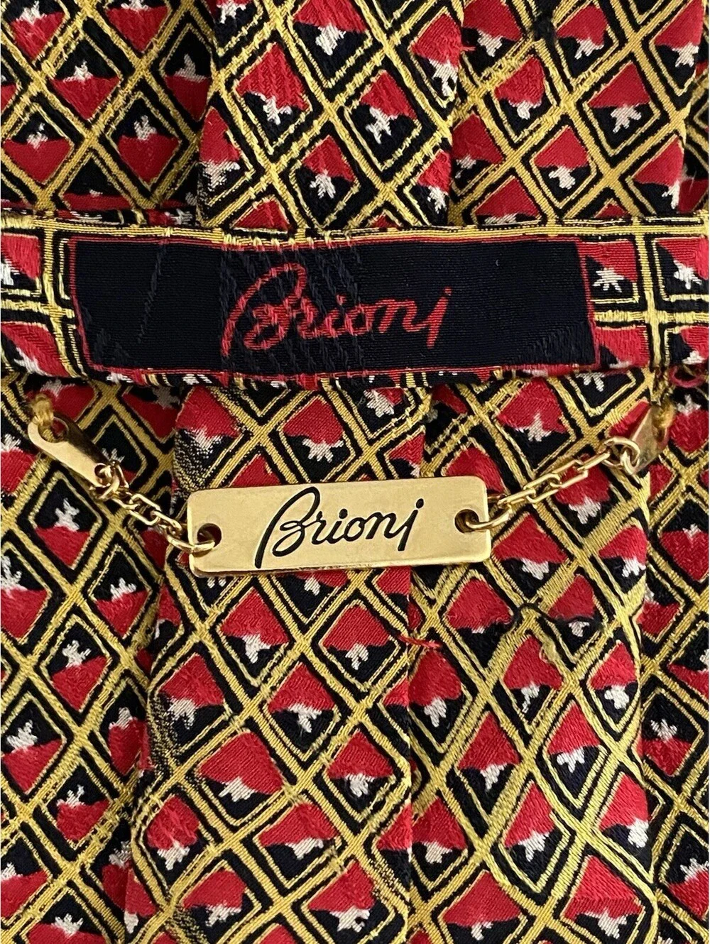 Brioni Roma Silk Tie Made in Italy Geometric Diamond Pattern Red Gold Black